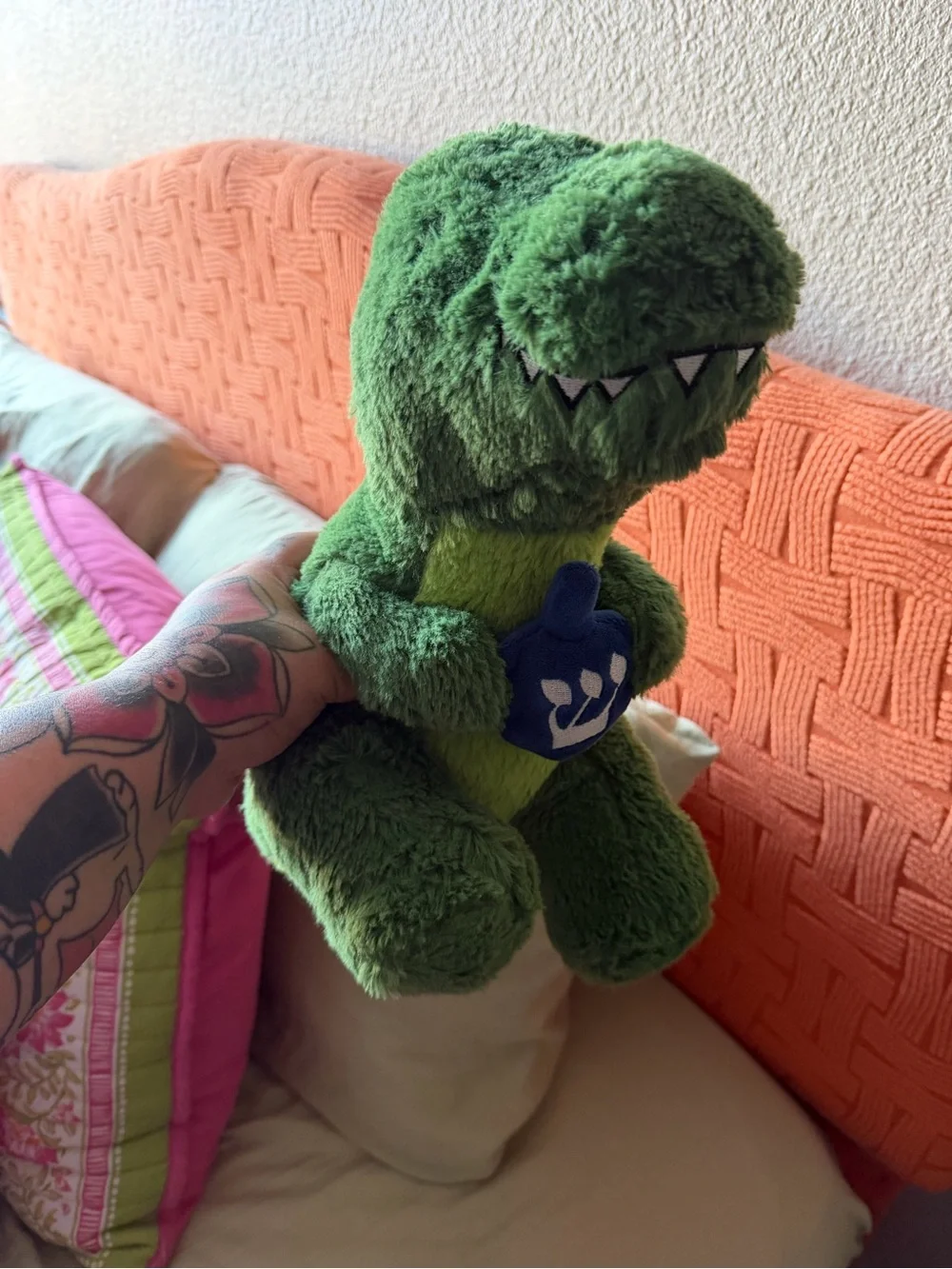 Festive Lights Hanukkah Green Dinosaur Holding Dreidel Plush